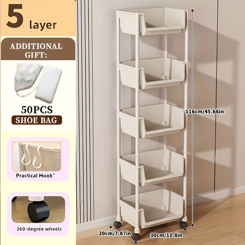 Shoe Rack with Wheels 3/4/5 Tier White Metal Shoe Storage Rack with Hooks Rolling Shelving Unit for Entryway Bedroom Closet Kitchen Office
