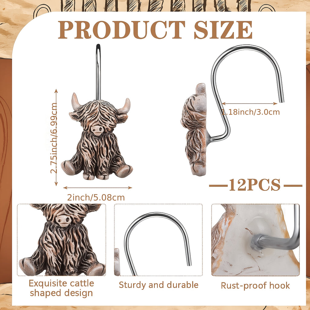 Highland Cow Shower Curtain Hooks 12 Pack - Western Farmhouse Rustic Bathroom Decor, Rust Resistant Metal Rings Hangers, Country Boho Bath Accessories Winter Home Decor