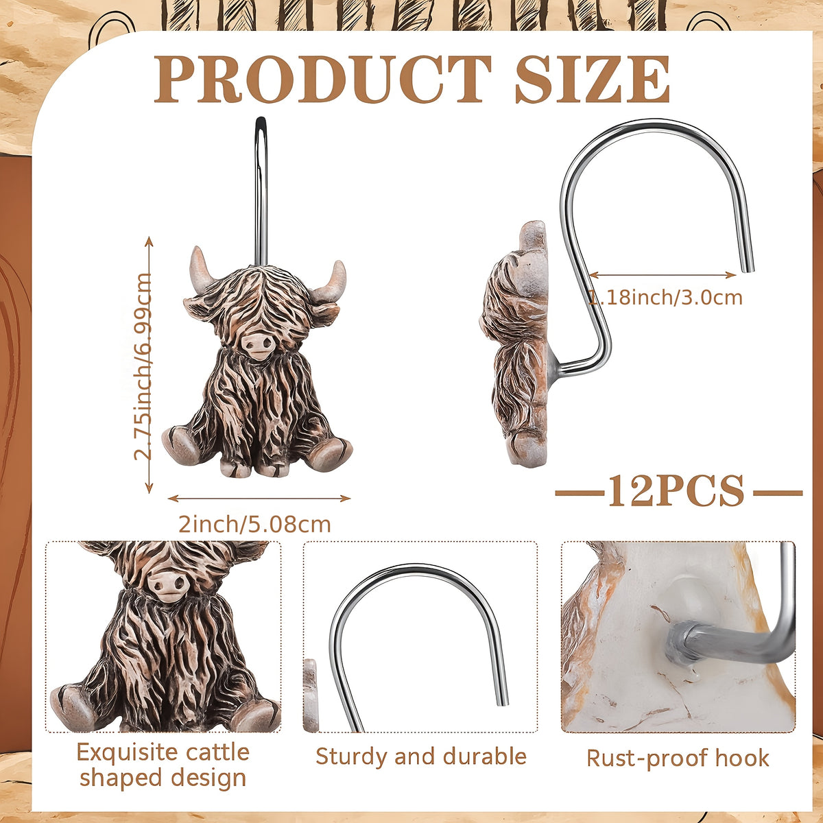 Highland Cow Shower Curtain Hooks 12 Pack - Western Farmhouse Rustic Bathroom Decor, Rust Resistant Metal Rings Hangers, Country Boho Bath Accessories Winter Home Decor