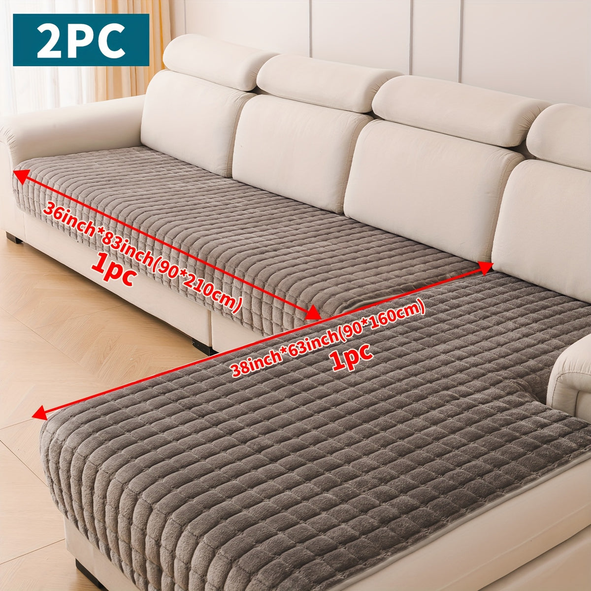 Quilted Short Plush Sofa Protector Set of 2 Ultra Soft Thick Non-Slip Sofa Mat – Pet Friendly, Machine Washable, Fits 3-Seater Sofa, Chaise & Bed Chair, Contemporary Home Decor