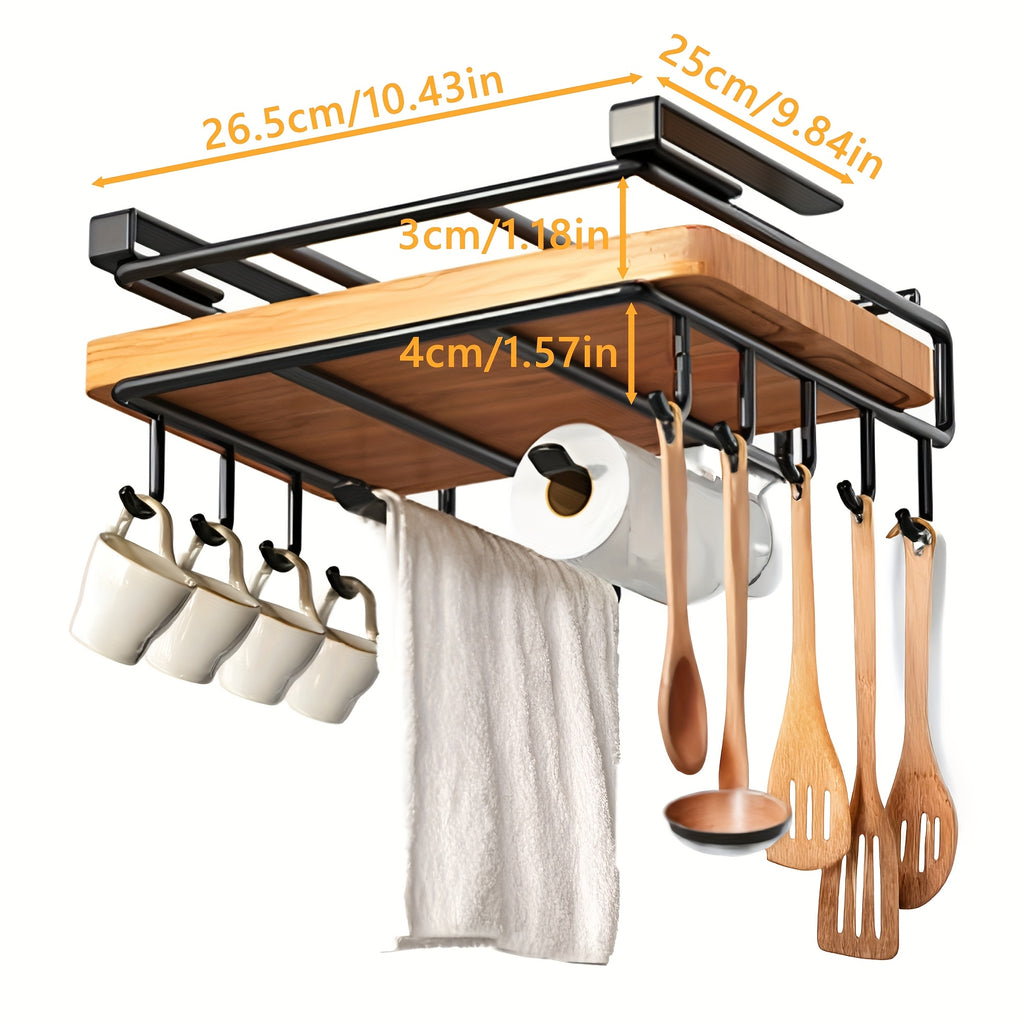 Under Cabinet Cutting Board Rack No-Drill – Carbon Steel Chopping Board Holder with Double-Row Hooks for Kitchen Utensils, Paper Towels & Spatulas | Multi-Use Under-Cabinet Storage Organizer