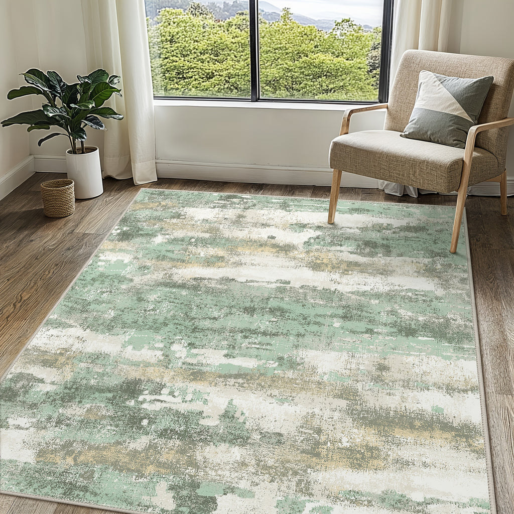 Modern Abstract Area Rug Low Pile Machine Washable Non-Slip for Living Room, Bedroom & Dining – Sage Green, Blue & Dark Grey, 4 Oversized Options