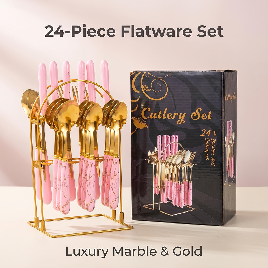 24-Piece Marble Pattern Stainless Steel Flatware Set Western Steak Knife Fork Spoon with Gift Box and Storage Rack