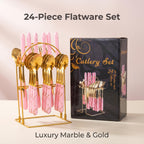 24-Piece Marble Pattern Stainless Steel Flatware Set Western Steak Knife Fork Spoon with Gift Box and Storage Rack