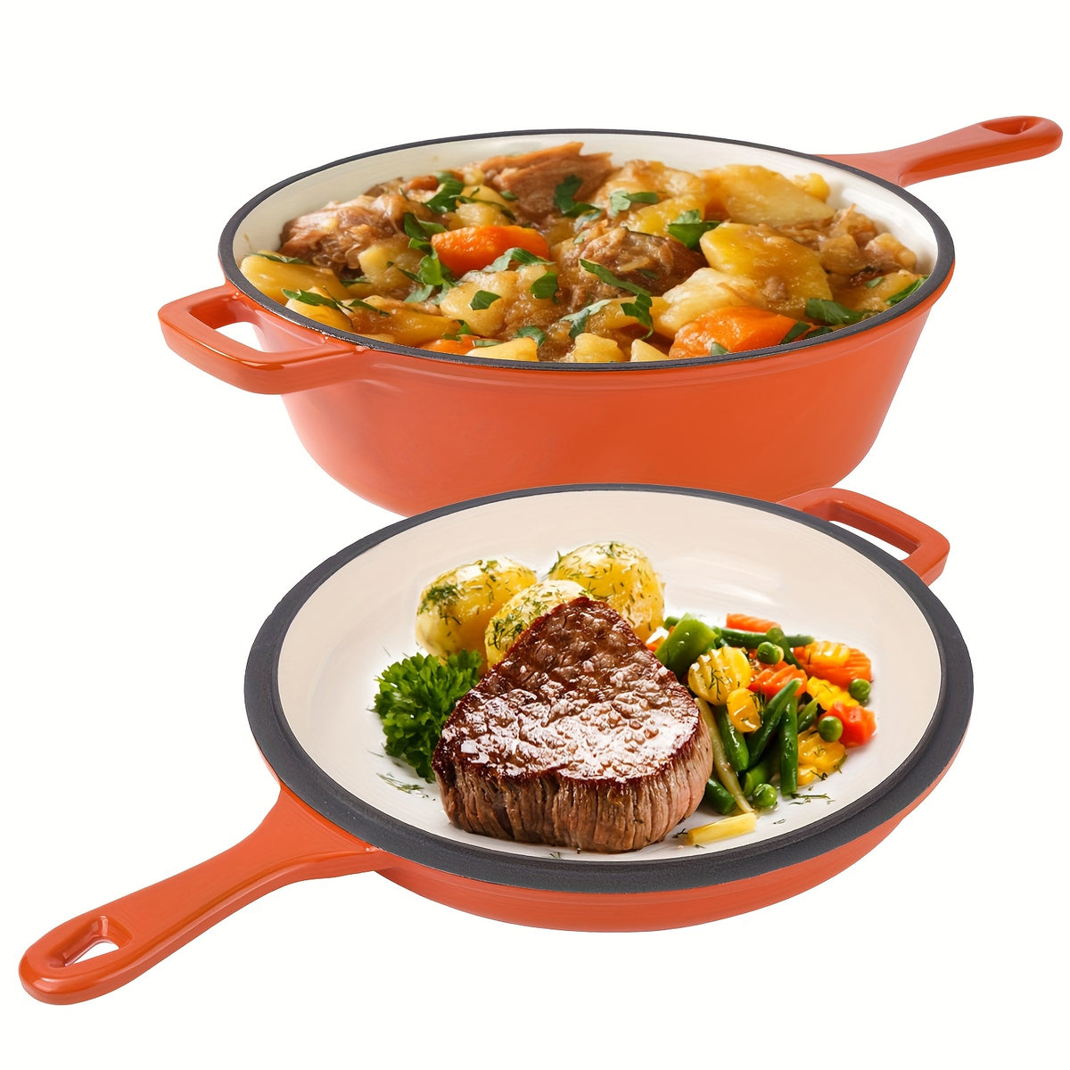 2-in-1 Enameled Cast Iron Dutch Oven Set – 3QT Pot + 1.5QT Skillet Lid, 3 Colors, Indoor Outdoor Frying Baking Stewing Grilling