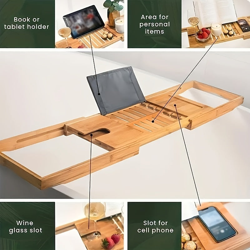 Bathtub Caddy Tray Expandable Bamboo Adjustable Width, Retractable Bath Tray Rack with Reading Holder – Water-Resistant Space-Saving Bathtub Accessories for Relaxing Bath Time