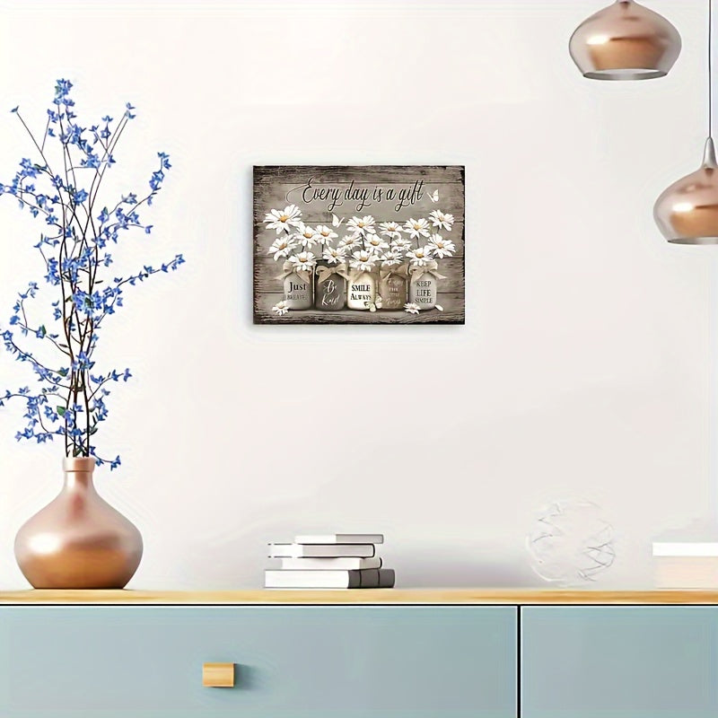 Daisy Butterfly Canvas Wall Art with Wood Frame – 11.8x15.7 Rustic Vintage Floral Inspirational Picture for Bedroom, Living Room, Bathroom & Office, Ready to Hang Home Decor