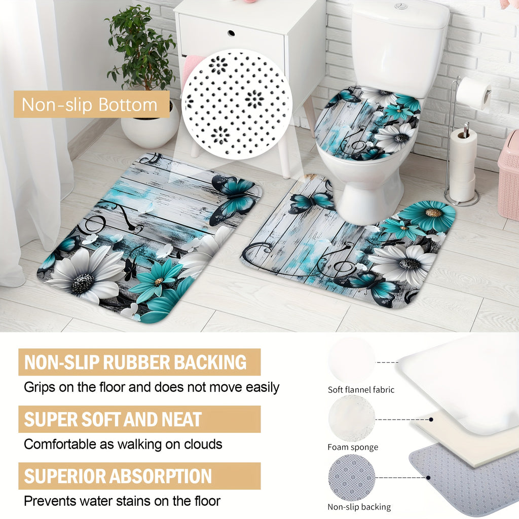 4pcs Floral Butterfly Shower Curtain Set Teal White with 12 Hooks Bath Rug - 2D Print Bathroom Decor Gift for Women Men Home Decoration | Nuvia Haven