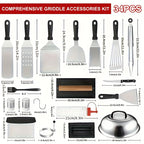 BBQ Grill Tool Set with Cast Iron Meat Press & Meat Thermometer - Complete Outdoor Barbecue Accessories Kit for Teppanyaki Grilling, Backyard Parties & Father's Day Gift