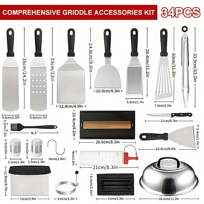 BBQ Grill Tool Set with Cast Iron Meat Press & Meat Thermometer - Complete Outdoor Barbecue Accessories Kit for Teppanyaki Grilling, Backyard Parties & Father's Day Gift