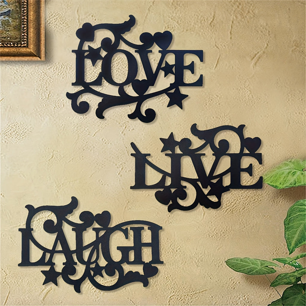 3-Piece Metal Wall Art Set – Love Life Laughter Letter Sign Silhouette | Modern Elegant Black Wall Decor for Living Room, Bedroom & Kitchen | Stylish Home Art Decoration
