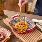 Bohemian Square Plate Set 4 Piece 9 Inch with Handles – Creative Ceramic Fruit & Pasta Dishes Microwave & Oven Safe – Aesthetic Boho Dinnerware Gift