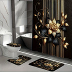 Black Gold Floral Shower Curtain Set 4 Piece with Hooks Anti-Slip Bath Rug Toilet Lid Cover & U-Shaped Mat – 71x71 Inch Luxury Bathroom Decor