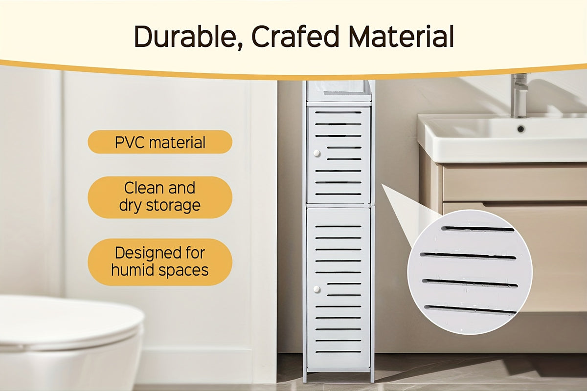 Slim Bathroom Storage Cabinet PVC Organizer with Toilet Paper Holder for Tight Spaces Bathroom Bedroom Living Room Easy Assemble Compact White