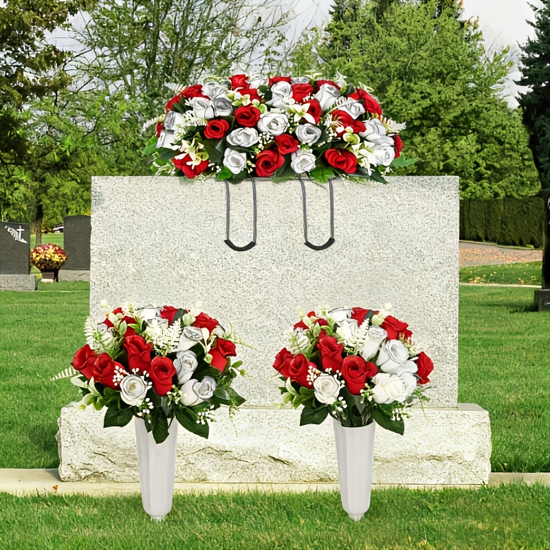 Artificial Cemetery Flowers for Grave with Saddles Silky Rose Bouquets with Vases Headstone Flower Saddle Memorial Day Outdoor Grave Headstone Decoration