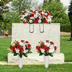 Artificial Cemetery Flowers for Grave with Saddles Silky Rose Bouquets with Vases Headstone Flower Saddle Memorial Day Outdoor Grave Headstone Decoration