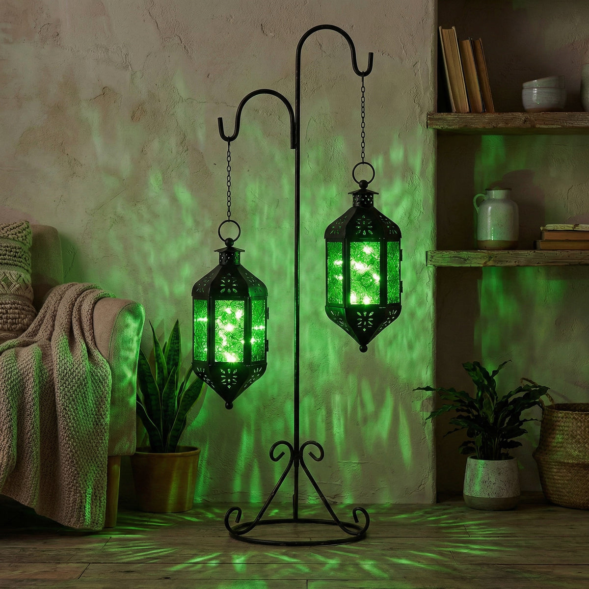 Moroccan Hanging Candle Lantern with Chain – Vintage Boho Style Iron & Glass Tealight Holder for Home, Patio, Garden, Wedding & Ramadan Decor (23.5" Overall)