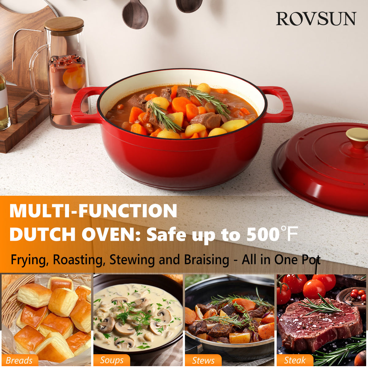 Dutch Oven 5QT 6QT 7.5QT Enameled Cast Iron Cookware with Lid Silicone Handles Oven Safe 500°F Bread Baking Stews Roasts Multiple Colors