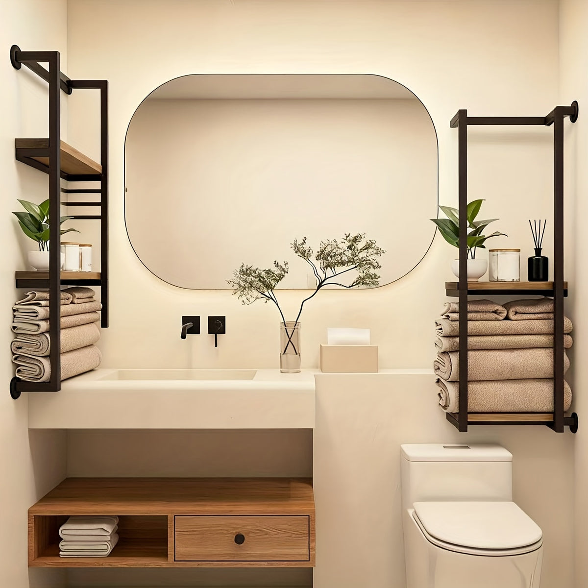 Double Layer Wall Mounted Towel Rack – French Countryside Style Iron Bathroom Storage Rack for Towels & Toiletries, Sturdy Walnut Black Metal Organizer, 1 or 2 Piece Set