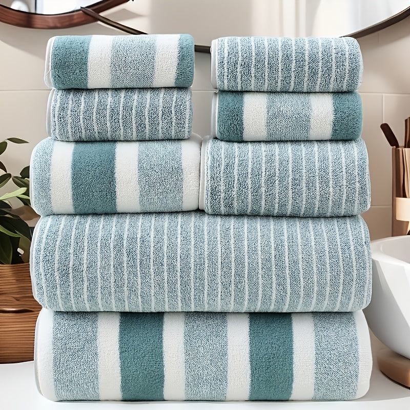 8-Piece Hotel-Quality Striped Bath Towel Set – Lint-Free Super Absorbent Two-Color Towels | 2 Large Bath Towels, 2 Medium Bath Towels & 4 Washcloths