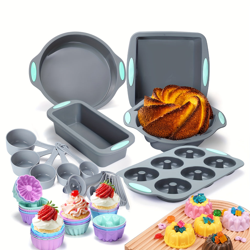 Silicone Bakeware Set 46 & 51 Piece Non-Stick Oven Baking Pans with Muffin Pan Cake Mold Donut Loaf Pan Baking Cups & Measuring Cups Spoons