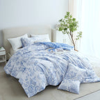 Soft Floral Comforter Set 3-Piece Easy Care – Lightweight Breathable All-Season Quilt with Pillowcases, Light Blue, White & Beige, Bed in a Bag Twin Queen King