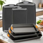 Non-Stick Baking Sheet Set with Silicone Handles – Heavy Carbon Steel Cookie Trays, Stackable, Assorted Sizes, 2/3/6/12/24 Pack for Baking & Roasting