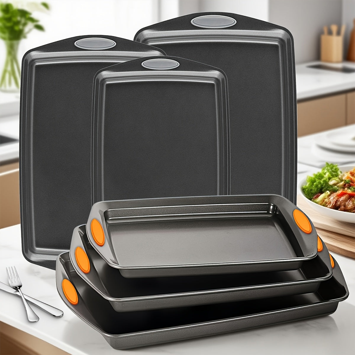 Non-Stick Baking Sheet Set with Silicone Handles – Heavy Carbon Steel Cookie Trays, Stackable, Assorted Sizes, 2/3/6/12/24 Pack for Baking & Roasting