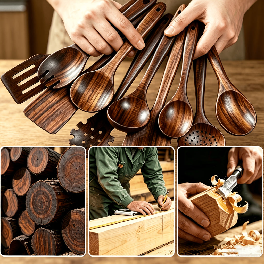 Wooden Kitchen Utensils Set 10 Piece - Non-Stick Safe Heat Resistant Cooking Tools with Spatula, Slotted Spoon & More, Stylish Wood Kitchen Gadgets for Cooking & Baking