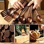 Wooden Kitchen Utensils Set 10 Piece - Non-Stick Safe Heat Resistant Cooking Tools with Spatula, Slotted Spoon & More, Stylish Wood Kitchen Gadgets for Cooking & Baking