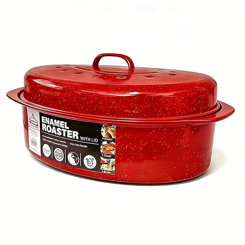 Oval Enamel Dutch Oven with Lid - Heavy Duty Cast Iron Roasting Pan for Turkey, Chicken, Meat & Vegetables, Stewing, Baking & Soup Making, Red, Perfect Christmas Holiday Gift