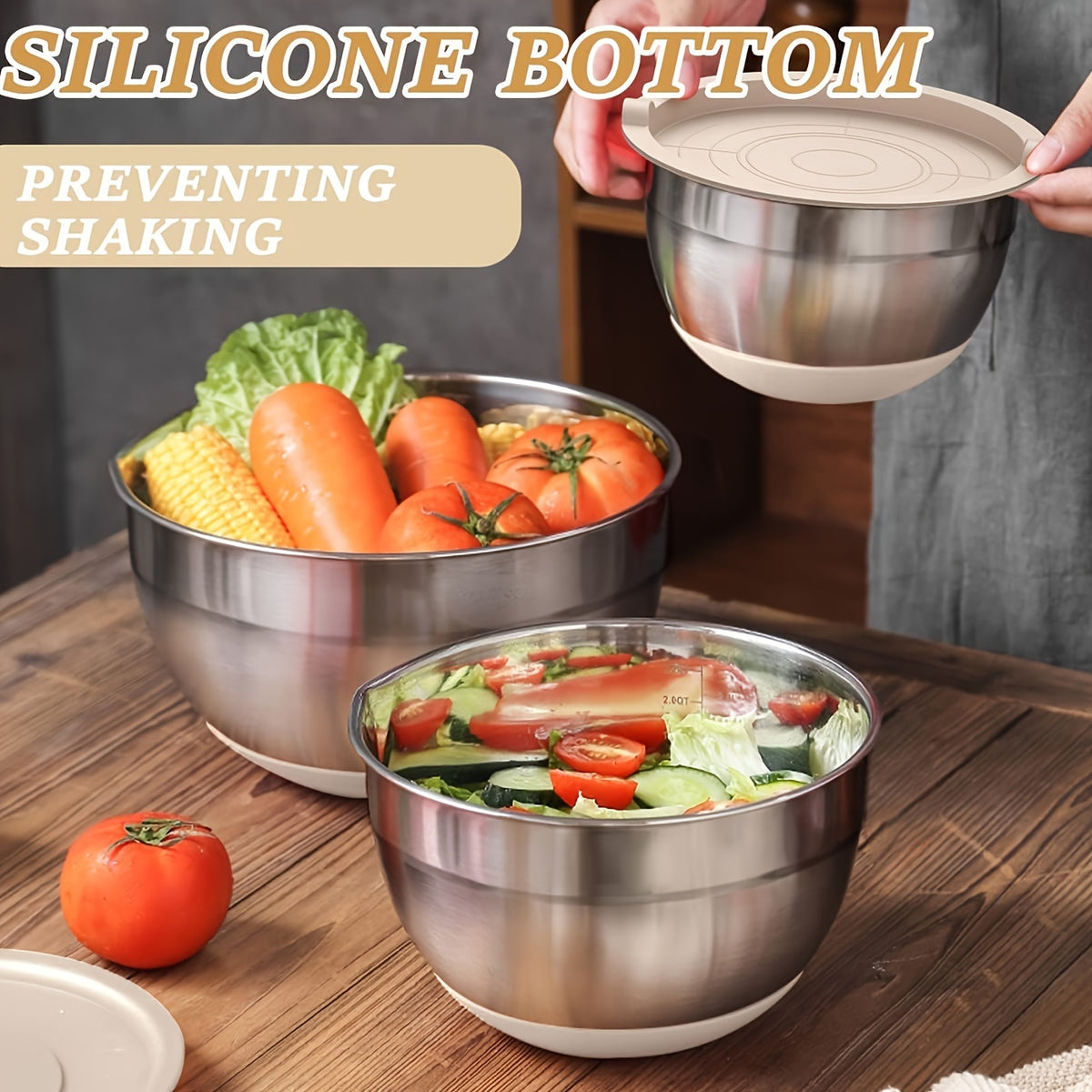26-Piece Stainless Steel Mixing Bowl Set with Lids & Kitchen Tools – 6 Bowls (1.1–4.5 QT), Anti-Slip Silicone Base, Ideal for Baking, Salad & Meal Prep