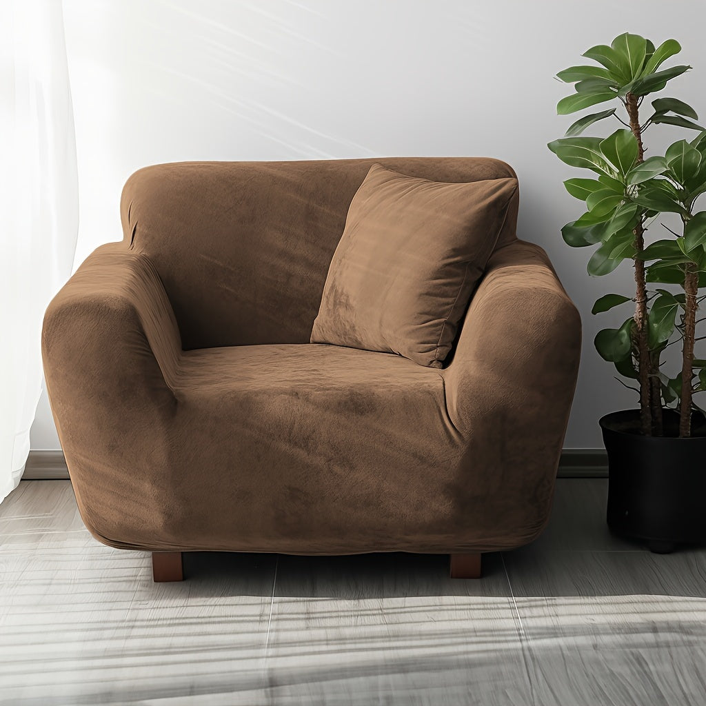 Velvet Stretch Sofa Cover Slipcover – Thick High-Elasticity Plush Couch Cover for L-Shape 1 2 3 4 Seater, Polyester Spandex Furniture Protector with Pillowcase for Living Room