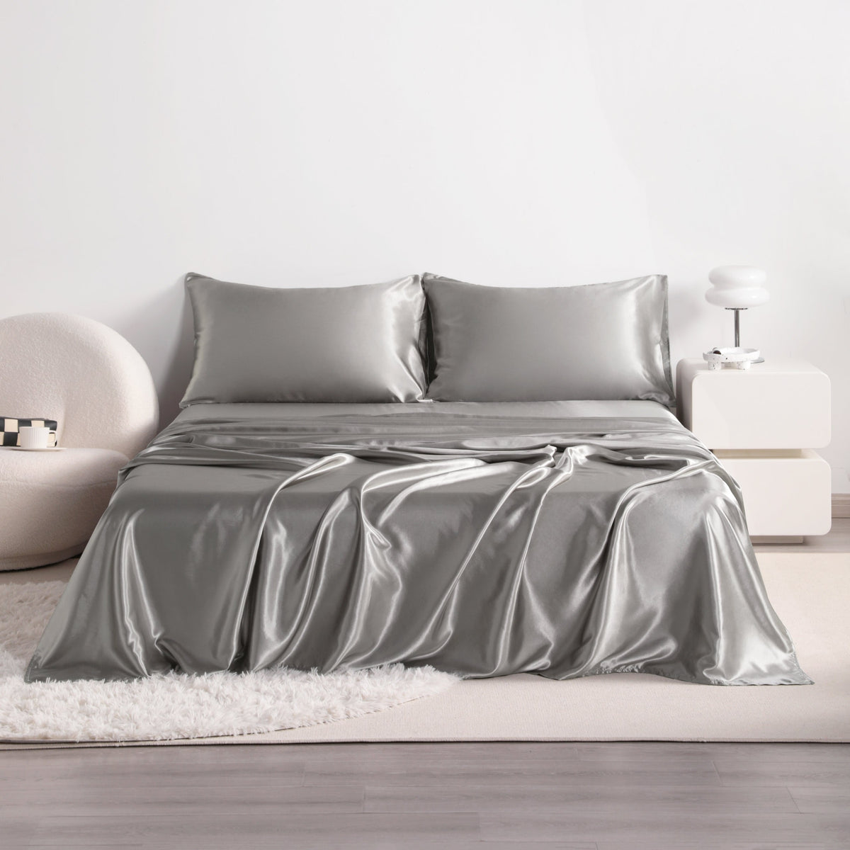 Cooling Satin Bed Sheet Set 4-Piece – Hypoallergenic Breathable Deep Pocket Flat & Fitted Sheet with Pillowcases, 300 GSM, 15 Colors, Twin to Cal King