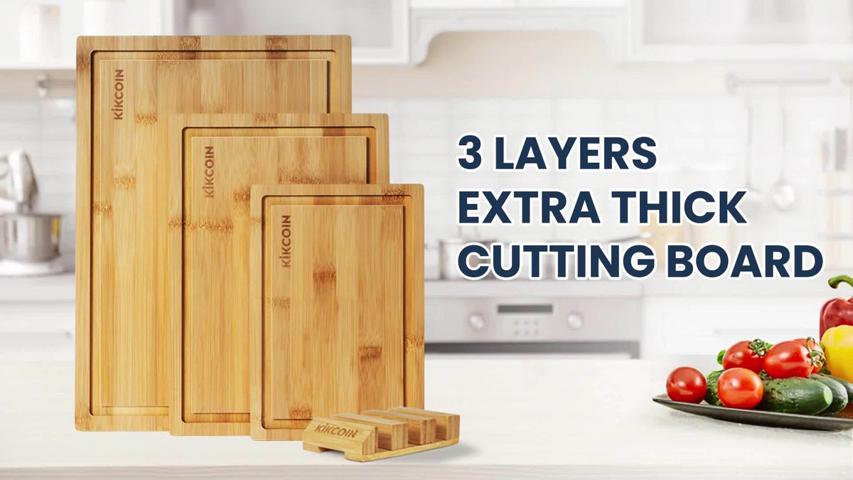 Bamboo Cutting Board Set with Storage Rack and Juice Groove - Kitchen Chopping Boards for Vegetables, Meat, Fruit, Bread & Cheese, Eco Friendly Bamboo Kitchen Board Gift