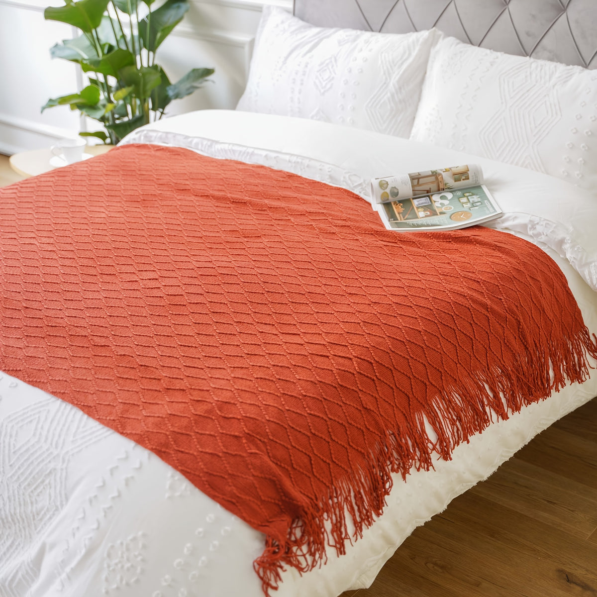 Tassel Throw Blanket Soft Warm Decorative for Couch Bed Sofa Autumn Winter Home Decor 50x60 Inch Ivory Khaki Dark Gray Navy Sage Rust Red