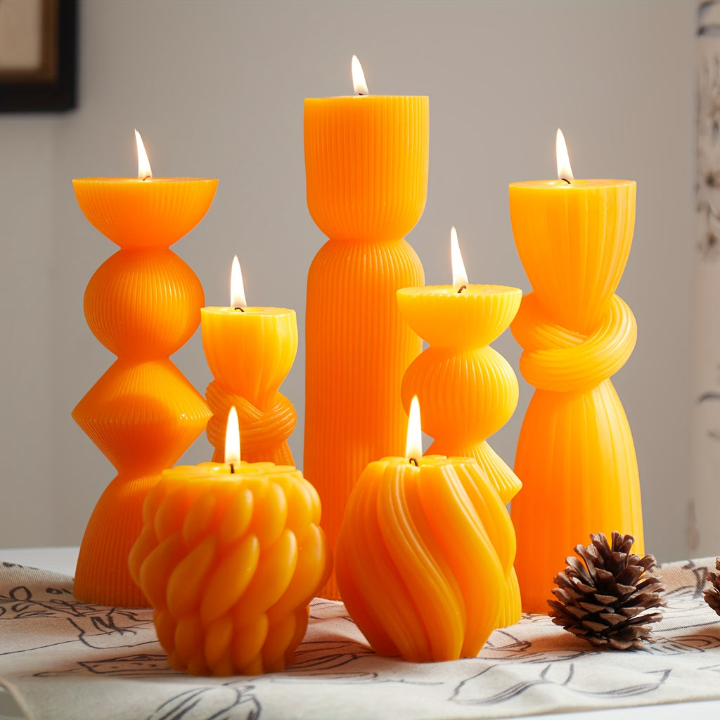 7-Pack Large Ribbed Soy Wax Pillar Candles – Handmade Home Decor Candles for Housewarming Gift, Shelf Decor, Wedding & Dining Table Centerpiece, White, Blue, Black, Orange