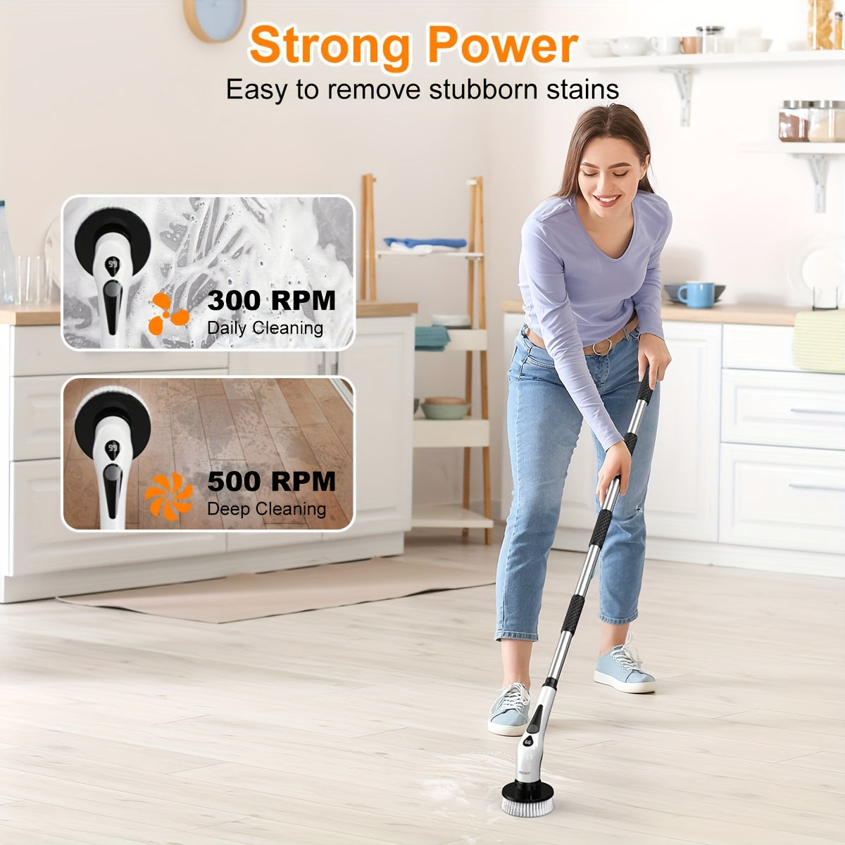 PRASKY Electric Spin Scrubber IPX8 Waterproof with LED Display – 9 Brush Heads, Adjustable 10–54" Handle, 2 Speeds, 90-Min Cordless Power Scrubber for Bathroom, Shower, Tile & Floor