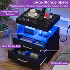 LED Nightstand with Charging Station USB Ports Outlets High Gloss Adjustable LED Lights 2 Storage Drawers Wood End Table Bedroom Living Room White Black 1pc or 2pcs