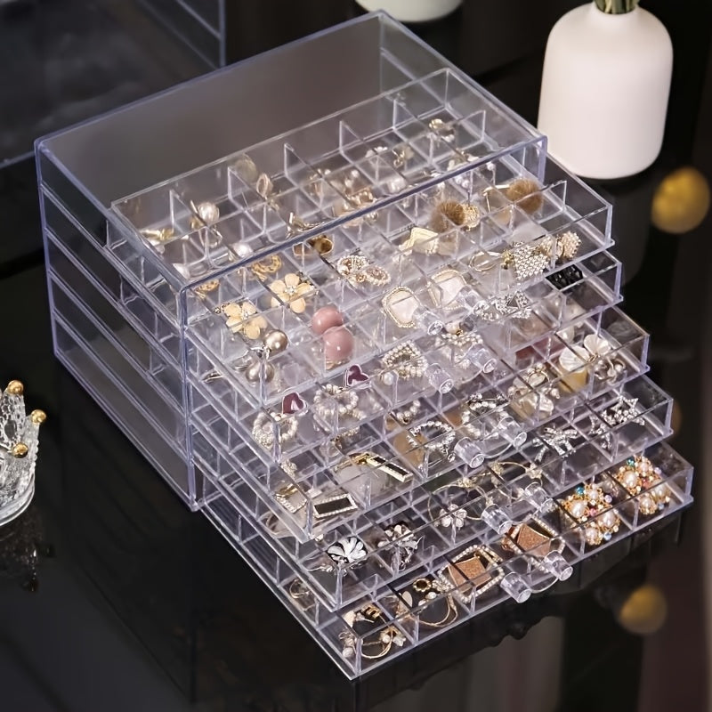 Acrylic Jewelry Storage Box 72/120 Slots Layered Organizer – Large Capacity Display Case for Earrings, Necklaces, Bracelets, Rings & Watches – Clear Stackable Jewelry Organizer Box for Women