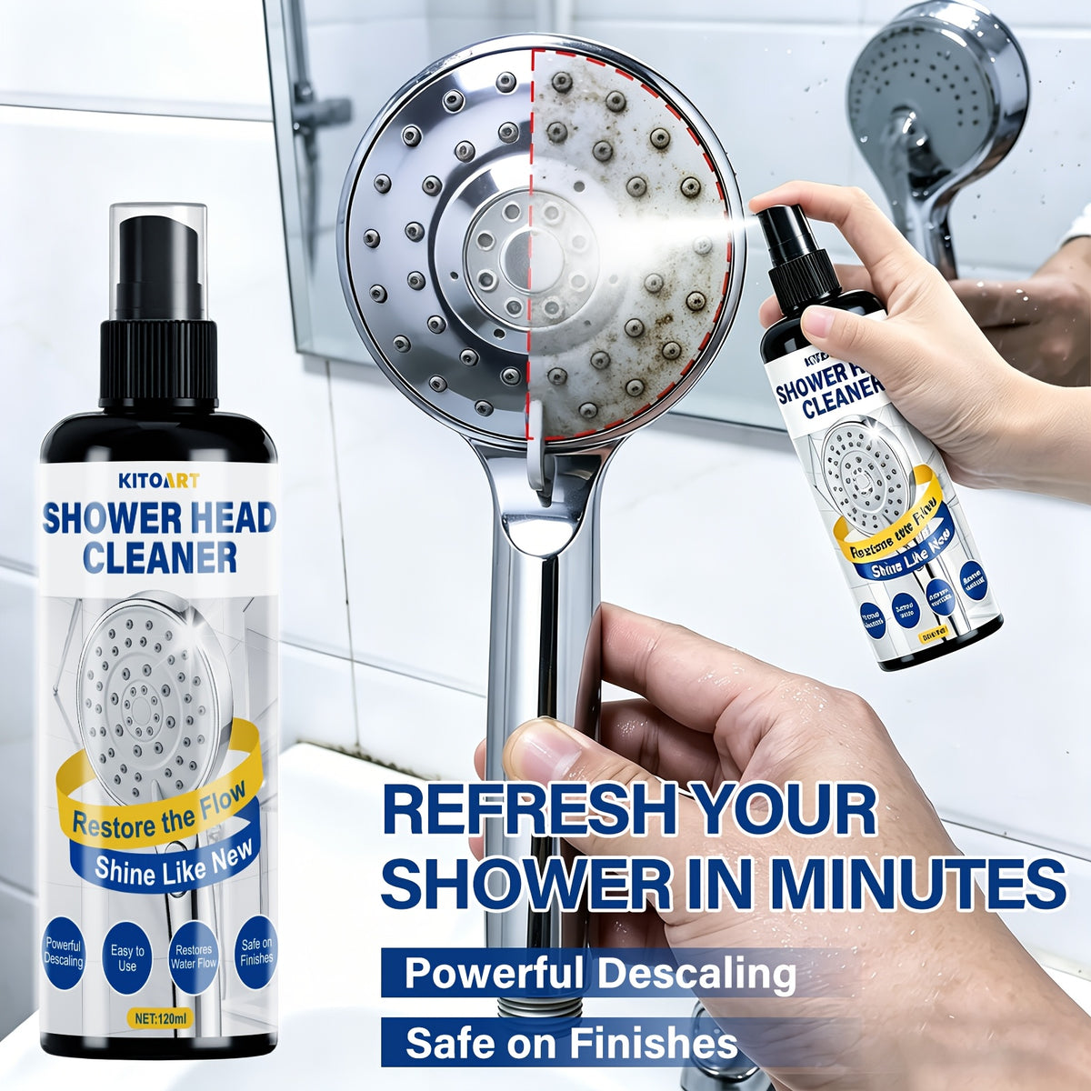 Shower Head & Bathroom Cleaner Spray Gel - No-Scrub No-Wipe Formula, Removes Mineral Deposits & Limescale from Showerheads, Bathtubs, Sinks & Toilets, Works on Glass & Metal, 120ml / 240ml