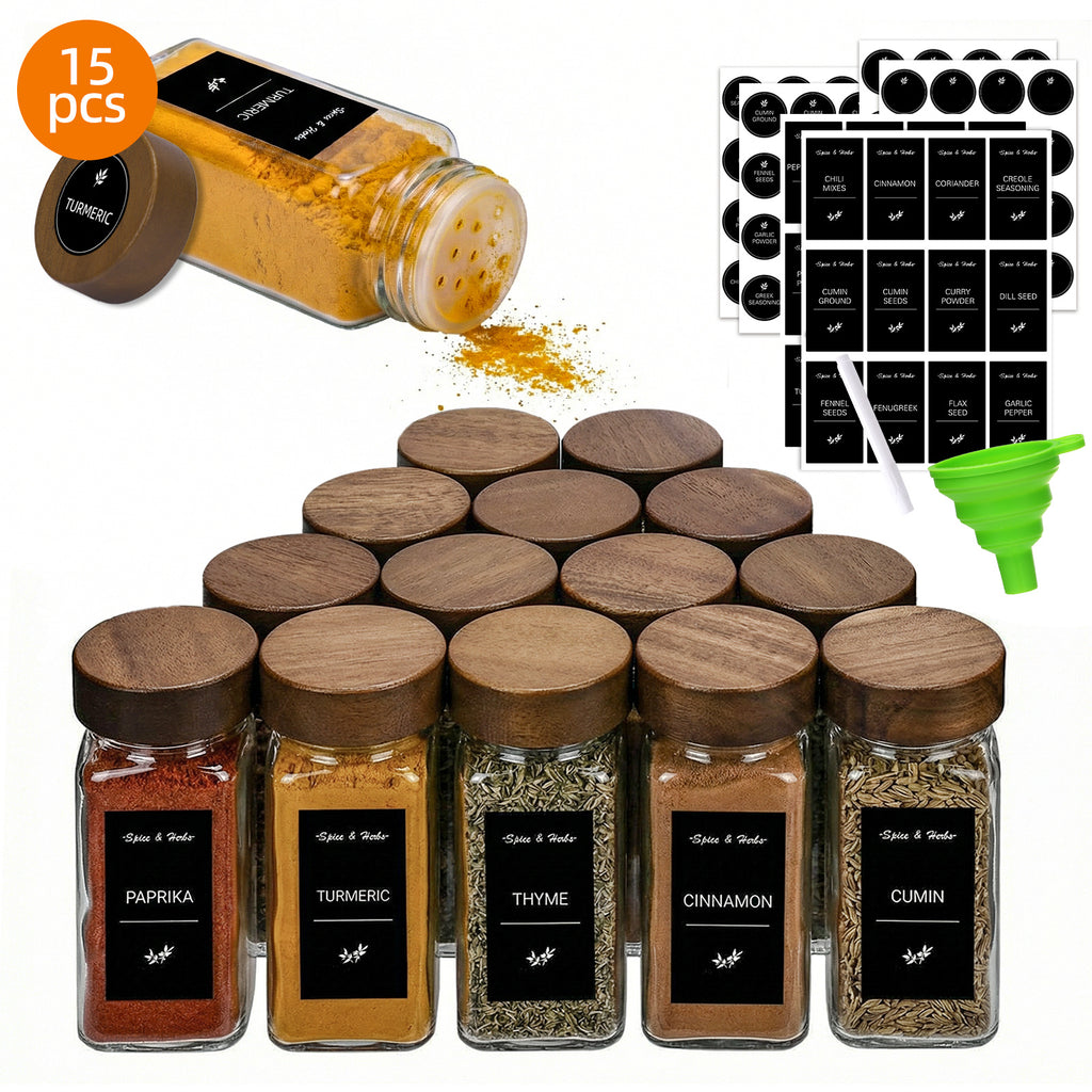 Glass Spice Jars Set with Acacia Wood Lids - 4oz Square Spice Bottles with Shaker Lids, Labels & Grinders for Kitchen Spice Storage and Organization