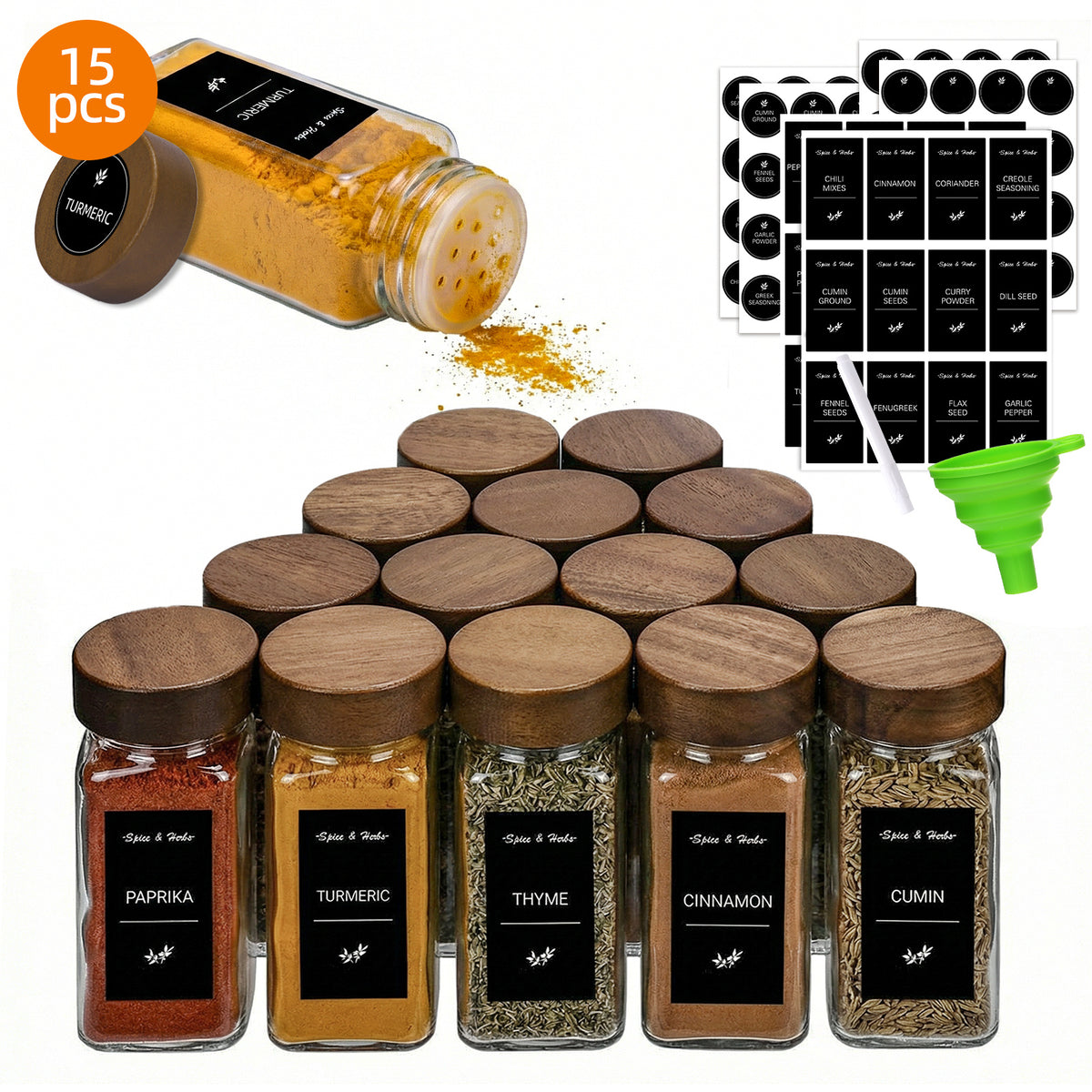 Glass Spice Jars Set with Acacia Wood Lids - 4oz Square Spice Bottles with Shaker Lids, Labels & Grinders for Kitchen Spice Storage and Organization
