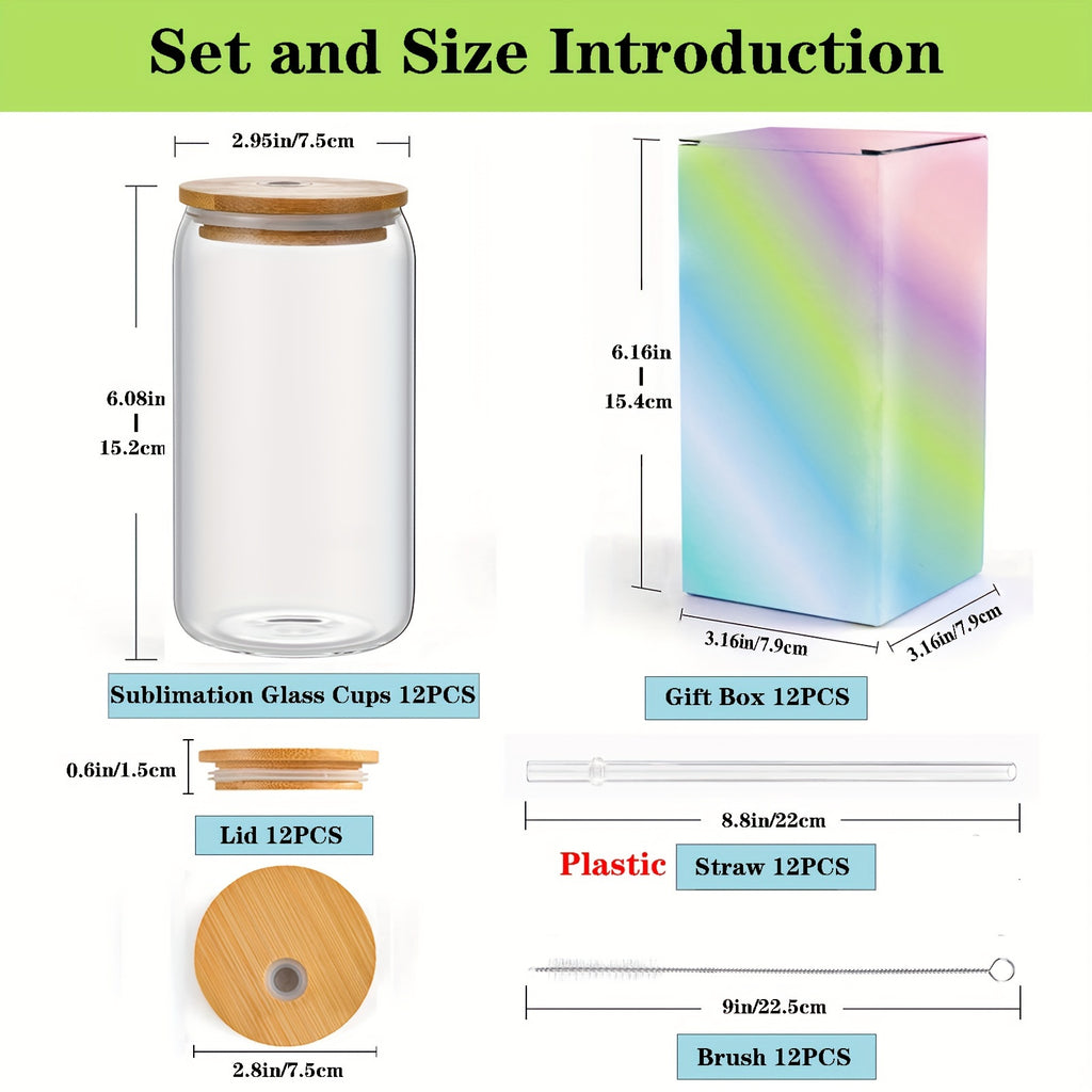 Sublimation Glass Tumbler Bulk Set 12 Pack with Bamboo Lid Straw & Brush – 16oz Clear or Frosted Cups for DIY Crafts, Parties & Everyday Drinking