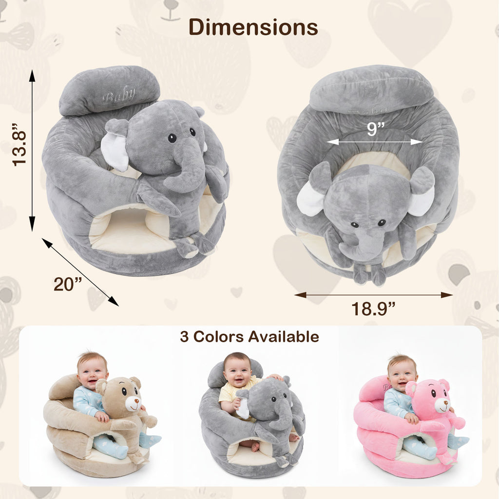 Baby Support Seat Plush Animal Infant Lounger – Ultra-Soft Cushioned Tummy Time Seat for Babies & Toddlers, Non-Toxic Fabric, No Assembly, Elephant Grey, Bear Pink & Bear Khaki