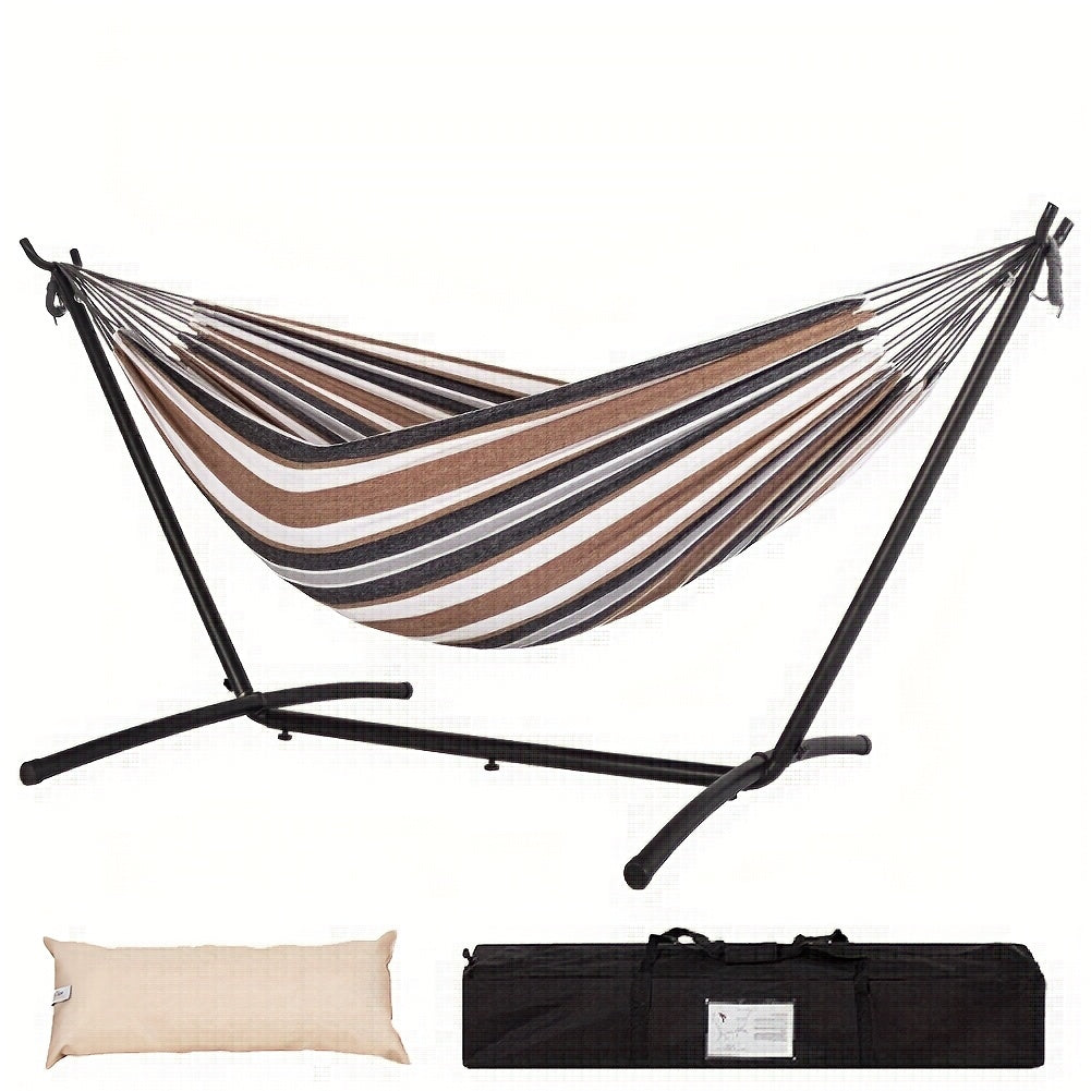 Heavy-Duty Double Hammock with Steel Stand – 450 lbs Capacity, 100% Linen Canvas, Carry Case & Head Pillow Included, No Assembly, Portable for Patio, Backyard, Camping & Balcony | 4 Colors