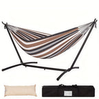 Heavy-Duty Double Hammock with Steel Stand – 450 lbs Capacity, 100% Linen Canvas, Carry Case & Head Pillow Included, No Assembly, Portable for Patio, Backyard, Camping & Balcony | 4 Colors
