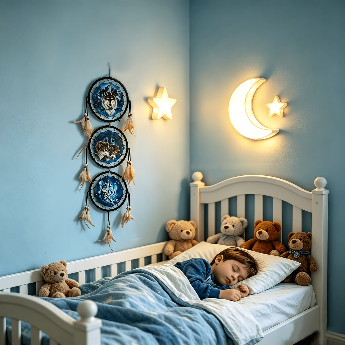 Wolf Dream Catcher Wall Decor – Boho Bedroom Wall Hanging Native American Style Dream Catcher Gift for Boys Kids Teen Room
