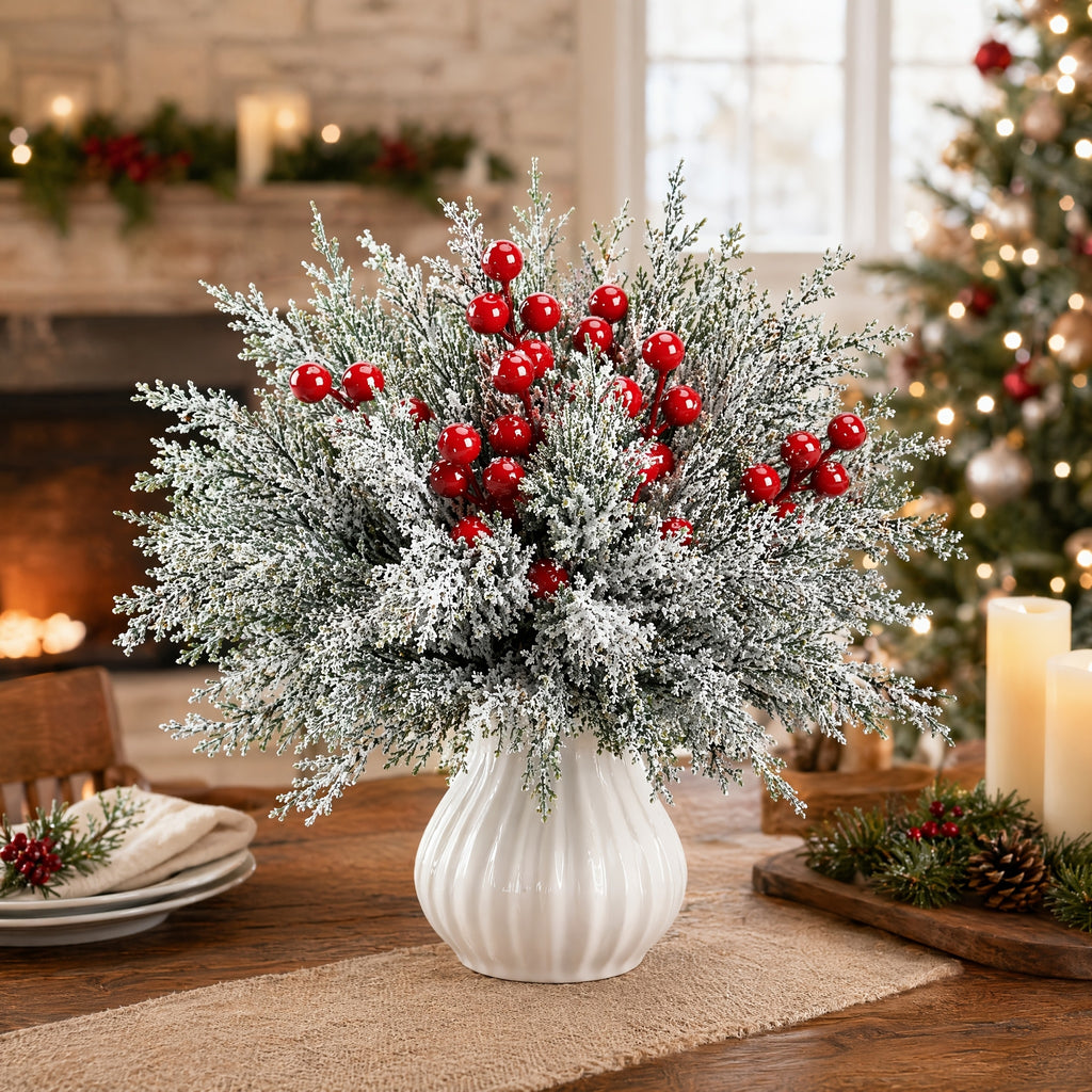 Artificial Christmas Greenery Stems with Red Berries 20pcs 14 Inch Flocked Norfolk Pine Picks for DIY Wreaths Xmas Tree Holiday Centerpiece Indoor Home Vase Filler Decor