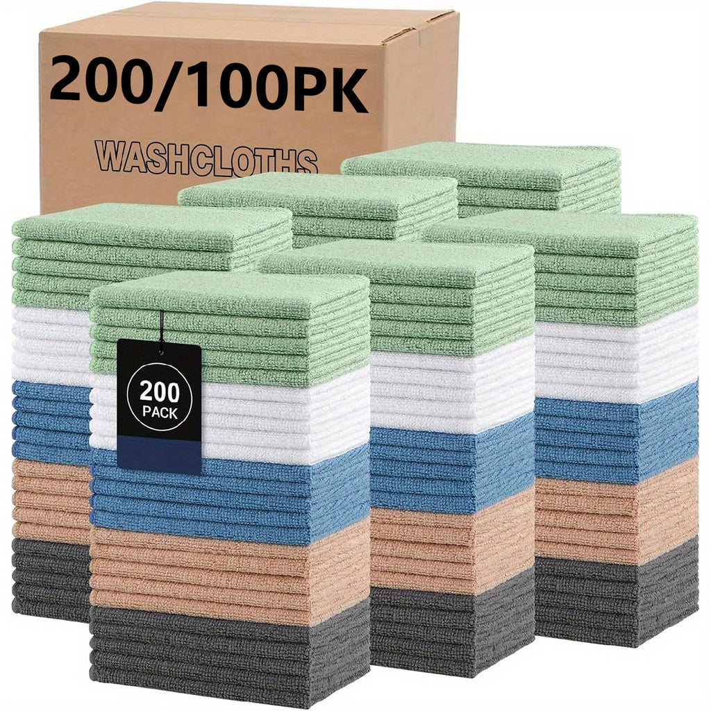 Bulk Microfiber Towels 100 or 200 Pack – Super Absorbent & Soft, 9.8×9.8 Inch – Multi-Purpose Washcloths for Bathroom, Hotel, Spa & Gym, Pure or Stripe, Random Color